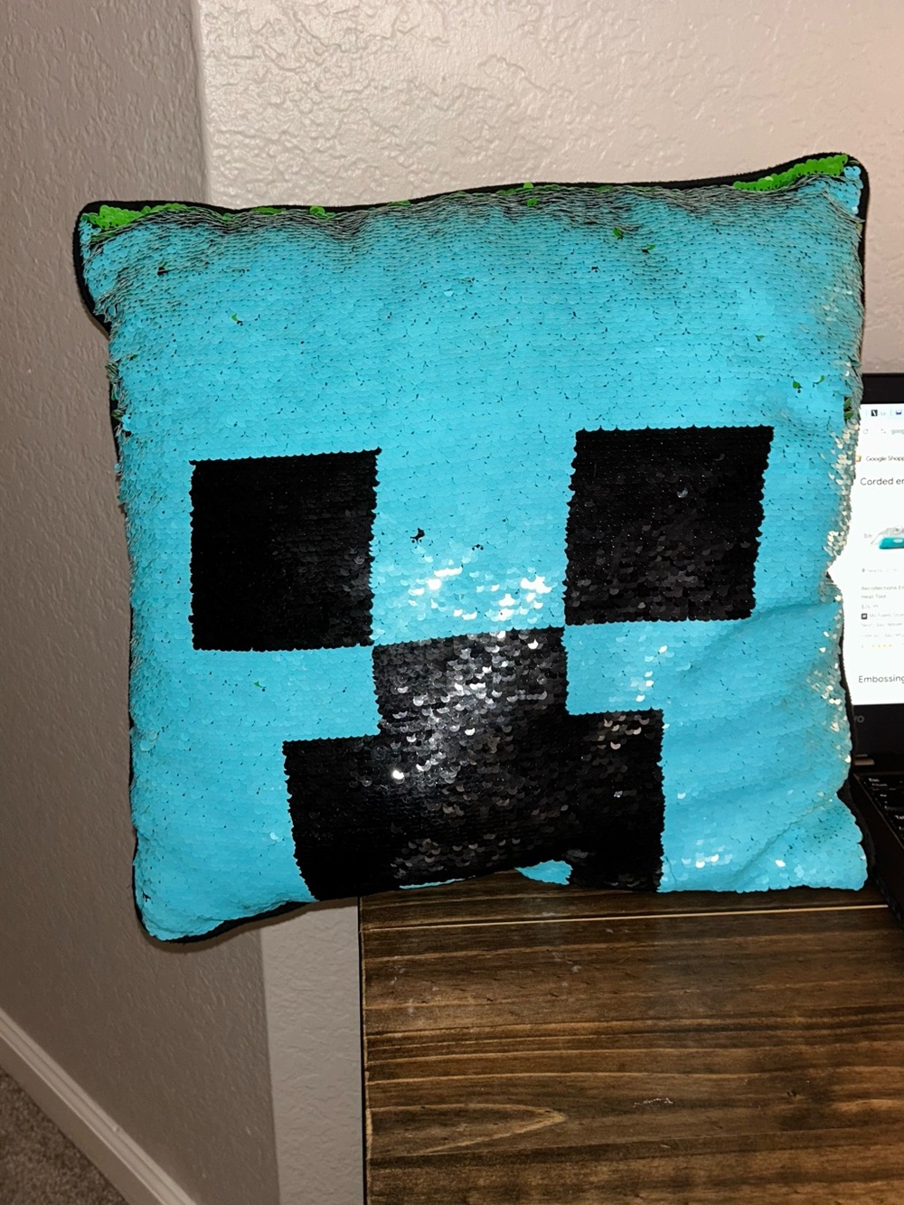 Kids Sequin Minecraft Pillow in Blue and Black